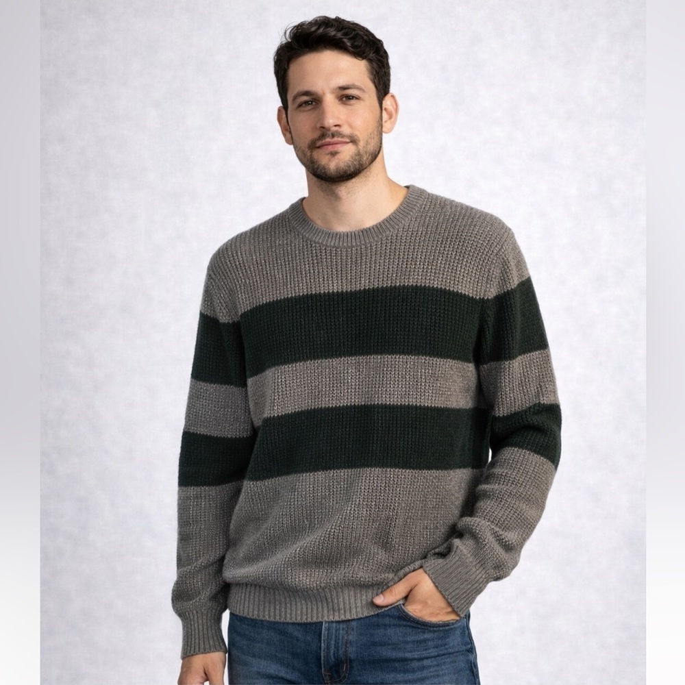 J.Crew Men’s Waffle Knit Striped Crewneck Sweater Gray Green Size L